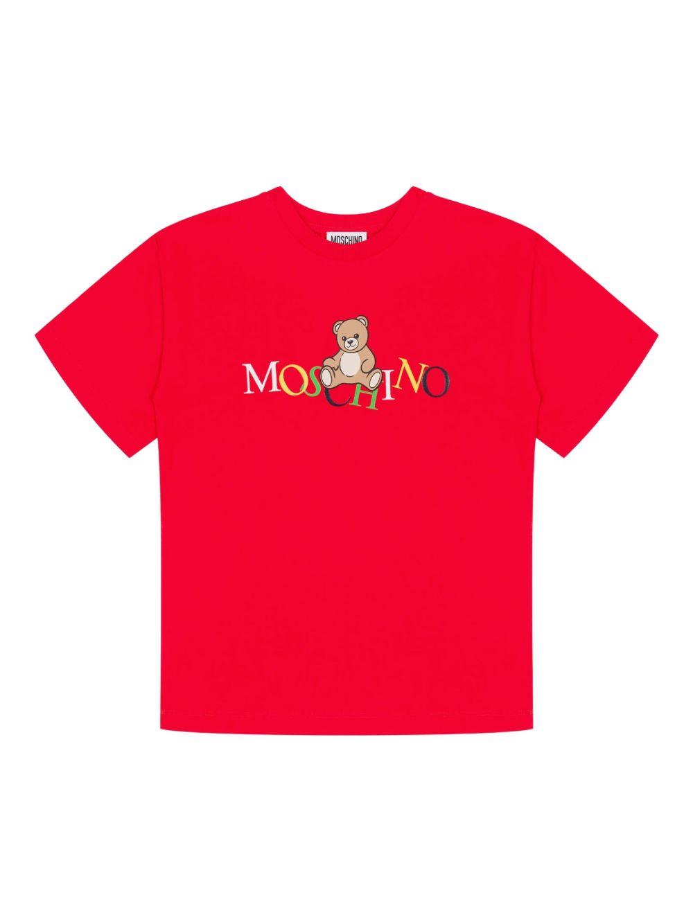 T-shirt Rossa Maniche Corte con Logo e Orso HPM05GLAA10 50109 MOSCHINO KIDS 