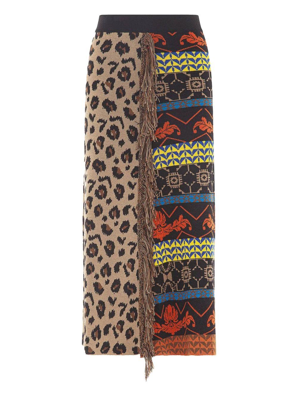 Gonna in maglia con fantasia animalier/multicolor con frange GOKD03099 V1 AKEP 