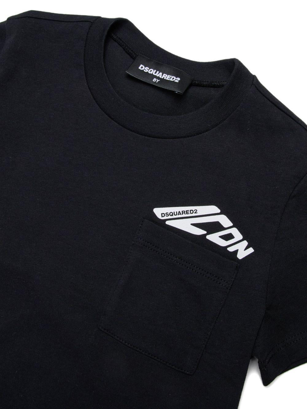 T-shirt Nera con Stampa e Taschino DQ3137D00XM DQ900 DSQUARED KIDS 