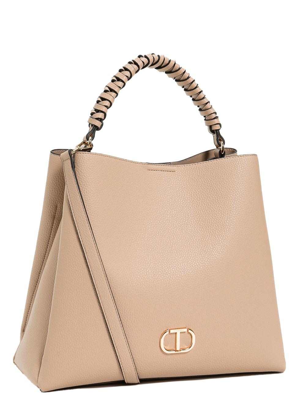 Borsa secchiello beige/rosa  manico intrecciato