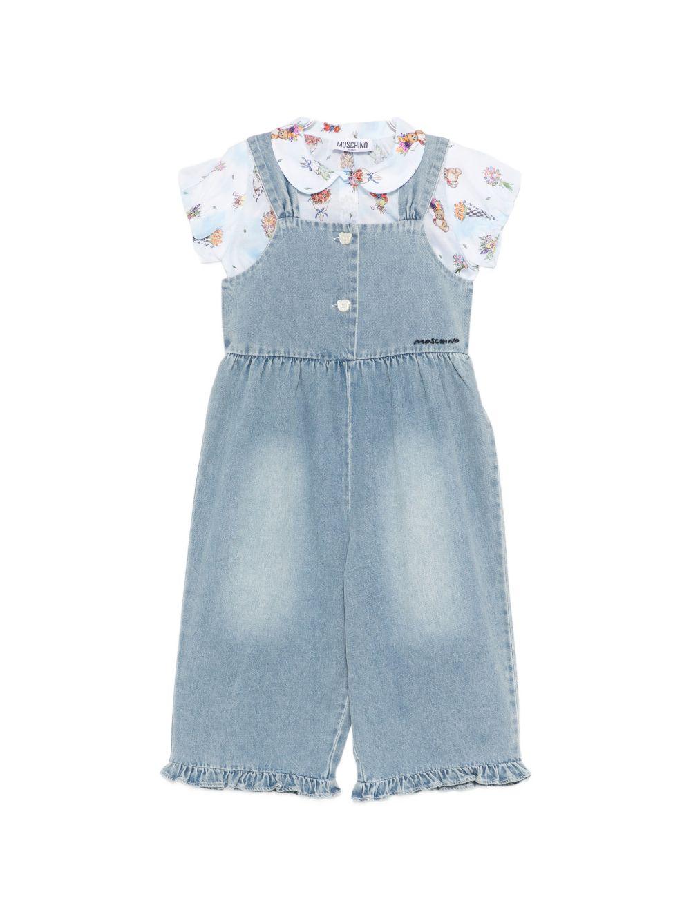 Tutina in denim con blusa floreale MDG01NL0E33 83281 MOSCHINO KIDS 