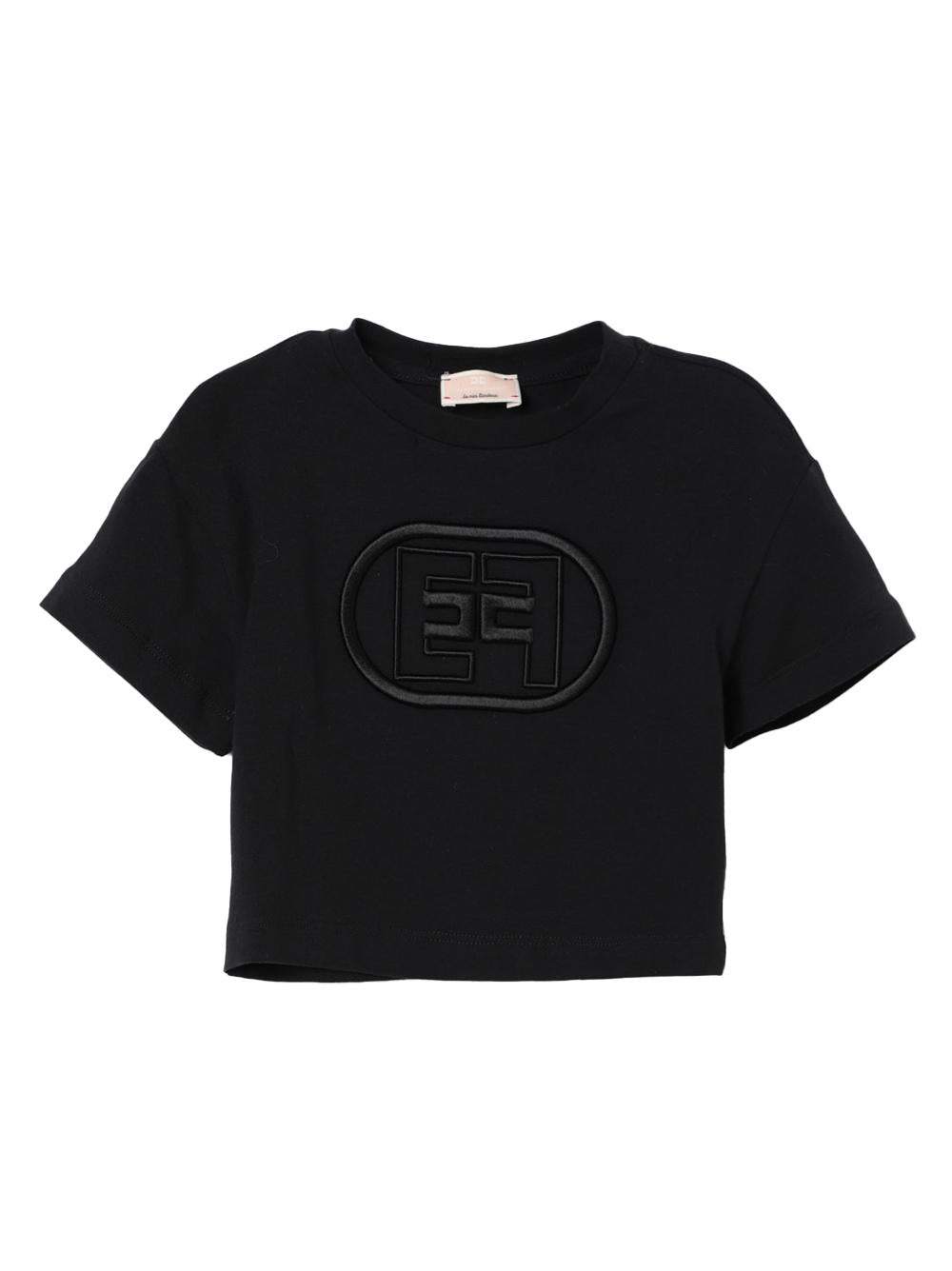 T-shirt nera ricamo logo monogram tono su tono neonata