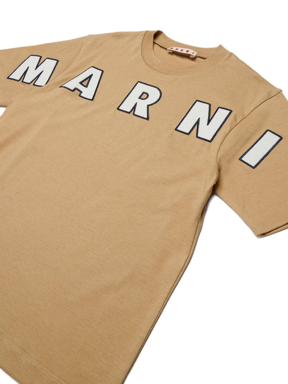T-shirt beige in cotone con logo ricamato M01265M00RF 0M715 MARNI KIDS 