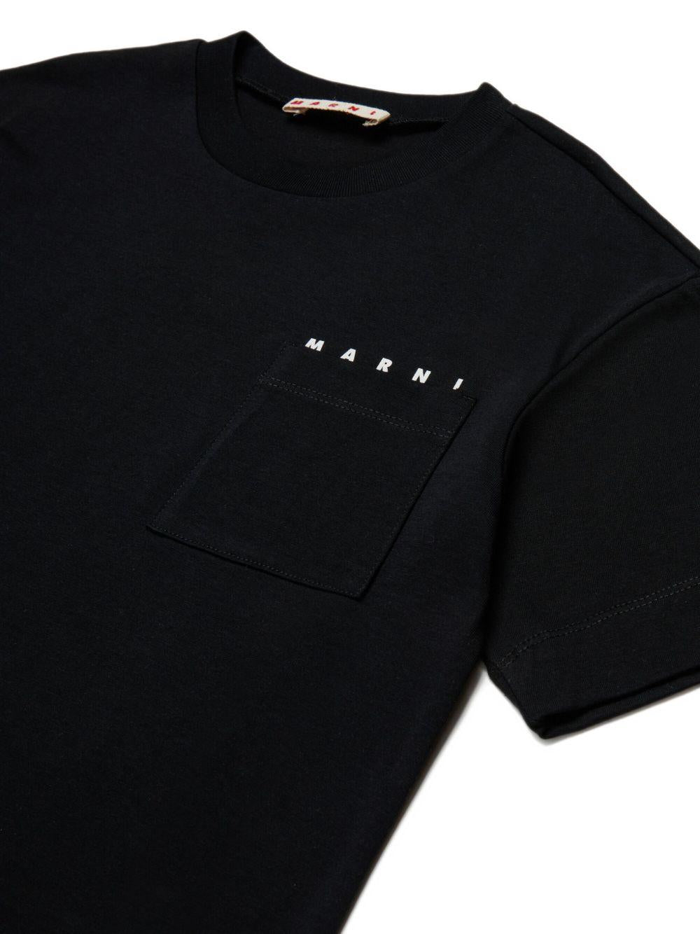 T-shirt nera in cotone con logo e taschino M01415M00RF 0M900 MARNI KIDS 