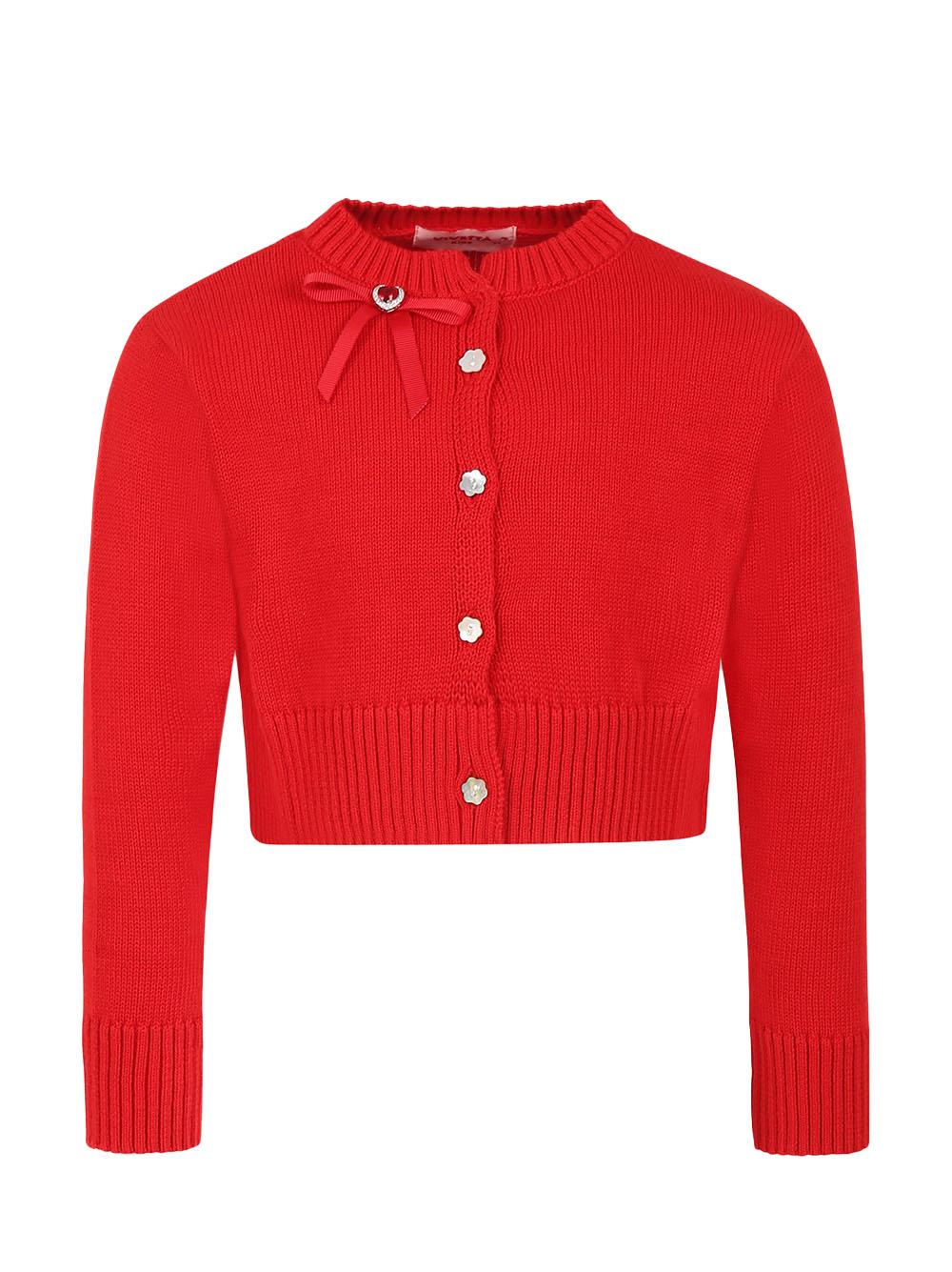 Cardigan rosso in maglia con mini fiocco