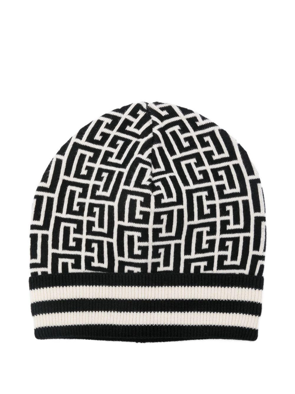 Berretto Nero con Monogramma e Bordo a Coste BX0P07Z2312 104NE BALMAIN KIDS 