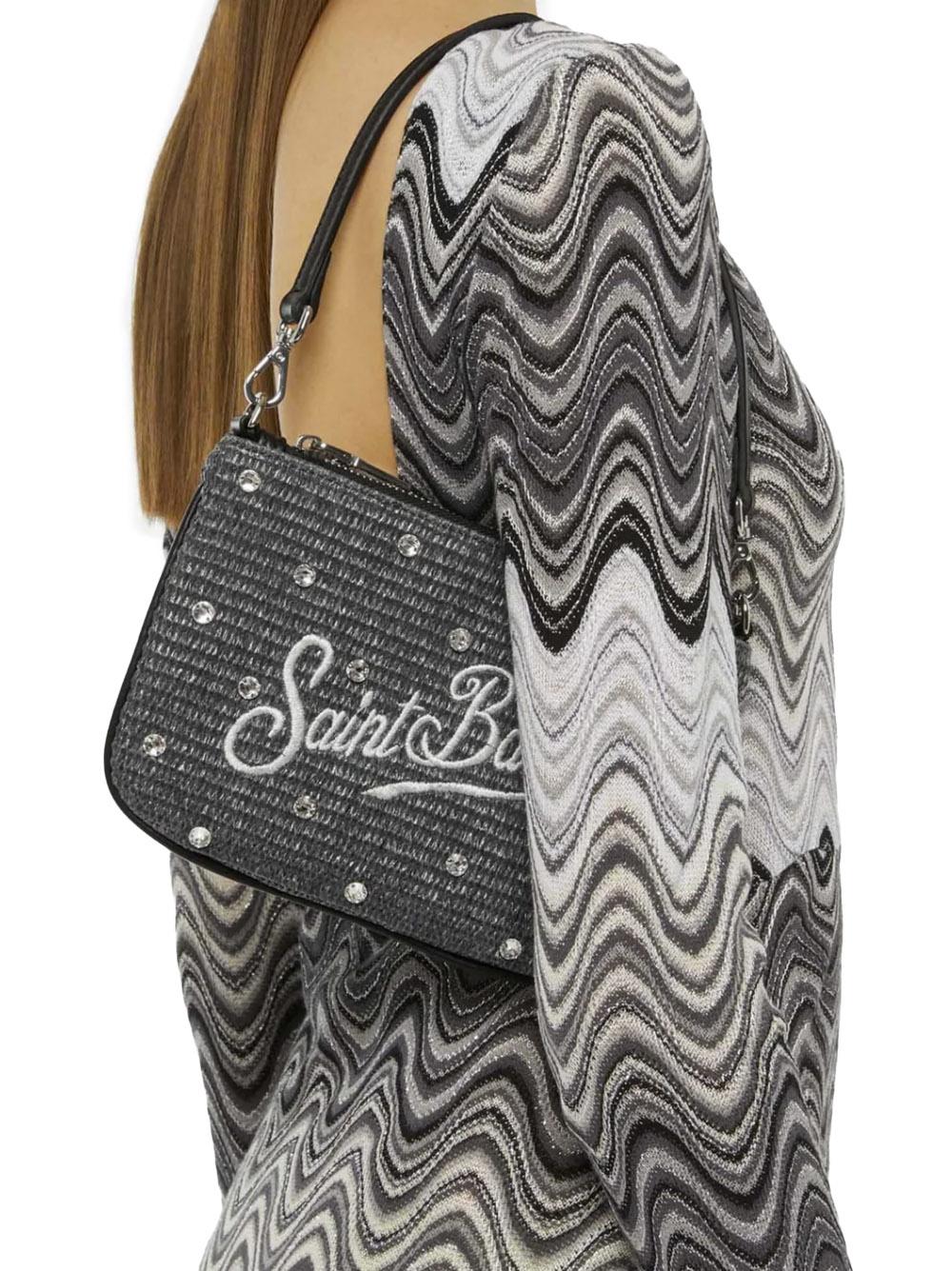 Parisienne Mini pouch effetto paglia grigia con decorazioni in strass