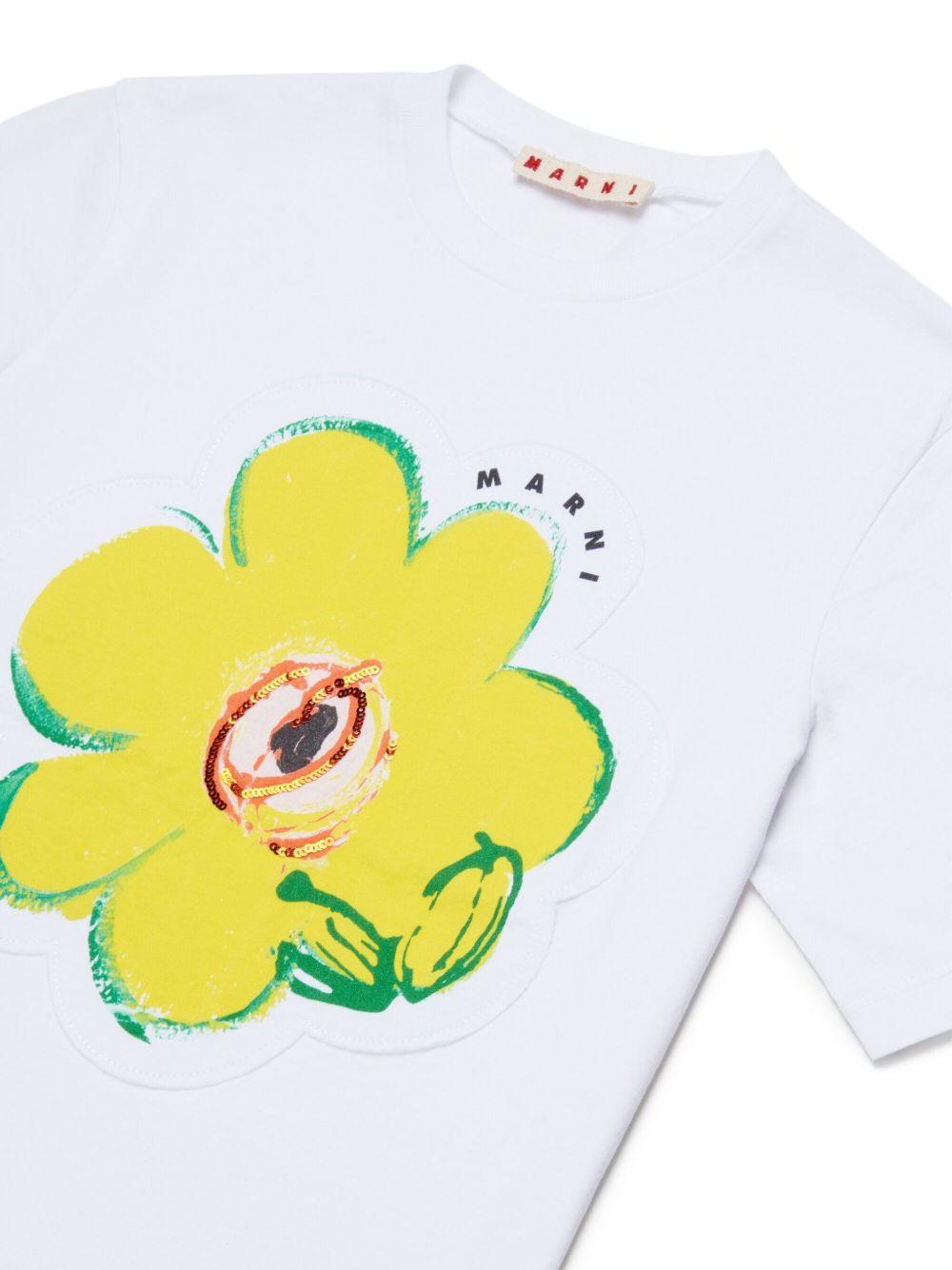 T-shirt in cotone con applicazione fiore M01672M00HZ 0M100 MARNI KIDS 