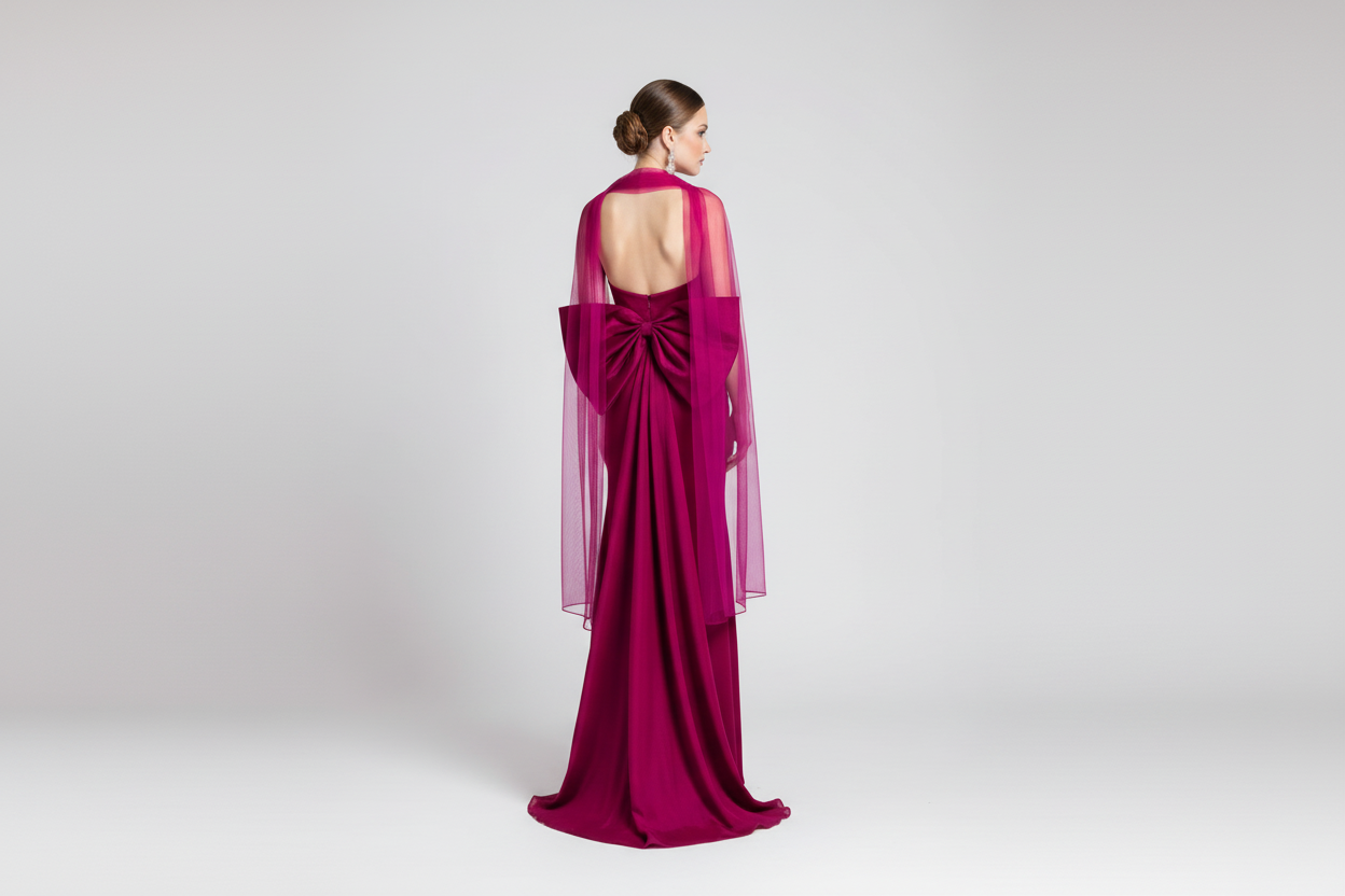 Abito lungo con paillettes e fiocco