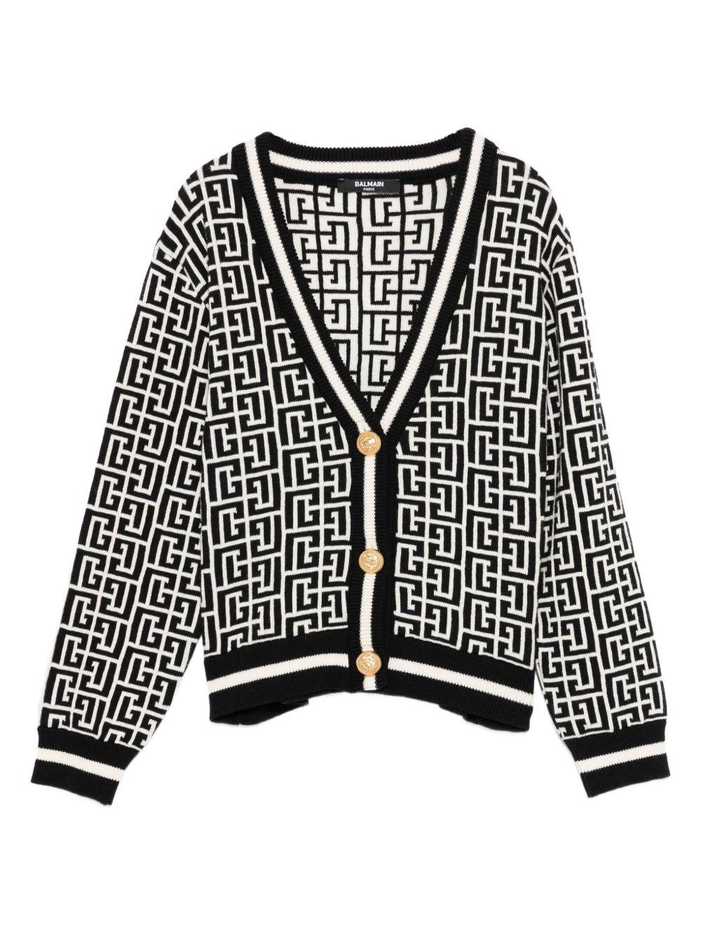 Cardigan Nero e Avorio Con Monogramma BX9P10Z2312 104NE BALMAIN KIDS 