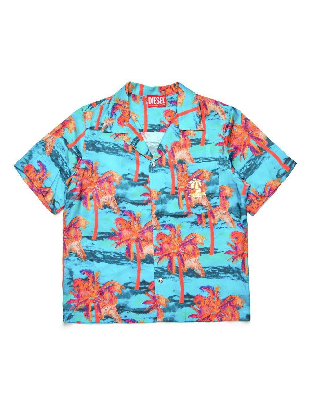 Camicia azzurra fantasia palme all-ove