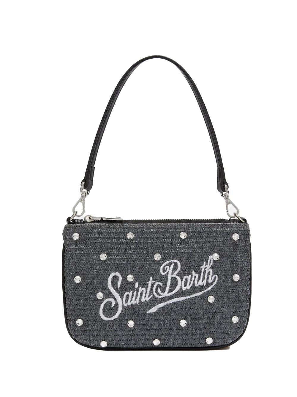 Parisienne Mini pouch effetto paglia grigia con decorazioni in strass