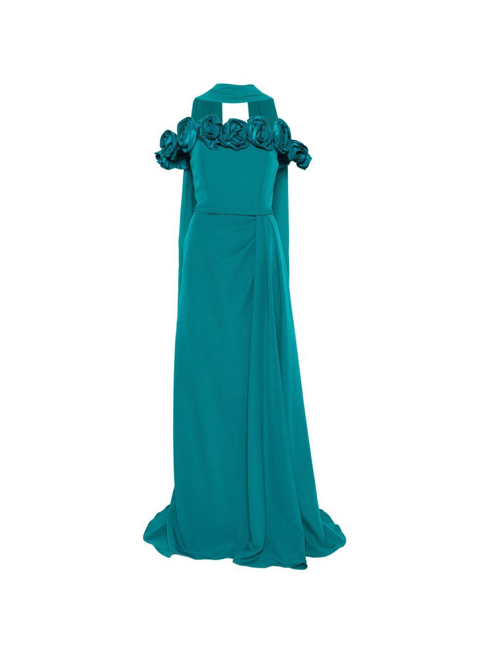 Abito lungo con fiori applicati scollo aperto 1J2K9CRL00755 JADEOSCURO MARFIL 