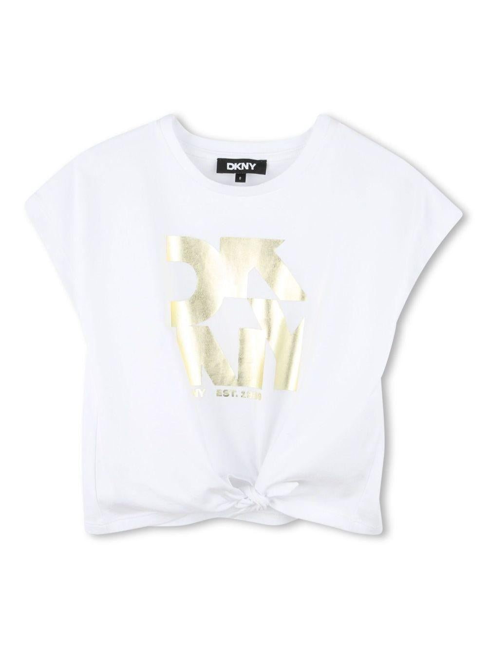 T-shirt bianca logo metallizzato oro e nodo