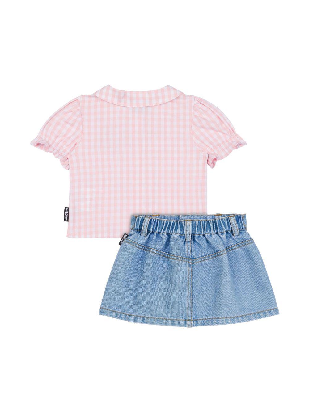 Completo ricamo teddy rosa-denim neonata (2pz)