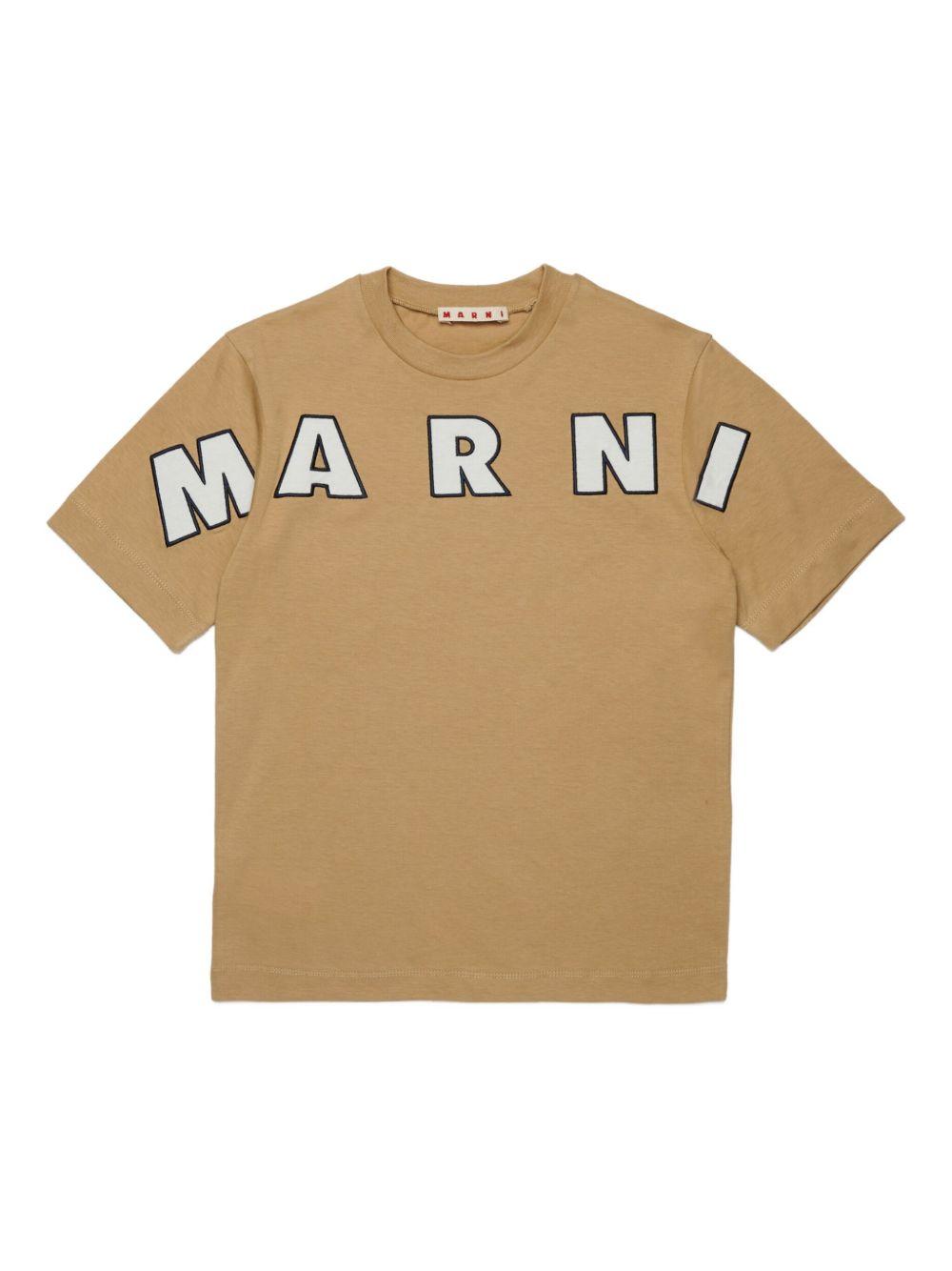 T-shirt beige in cotone con logo ricamato M01265M00RF 0M715 MARNI KIDS 