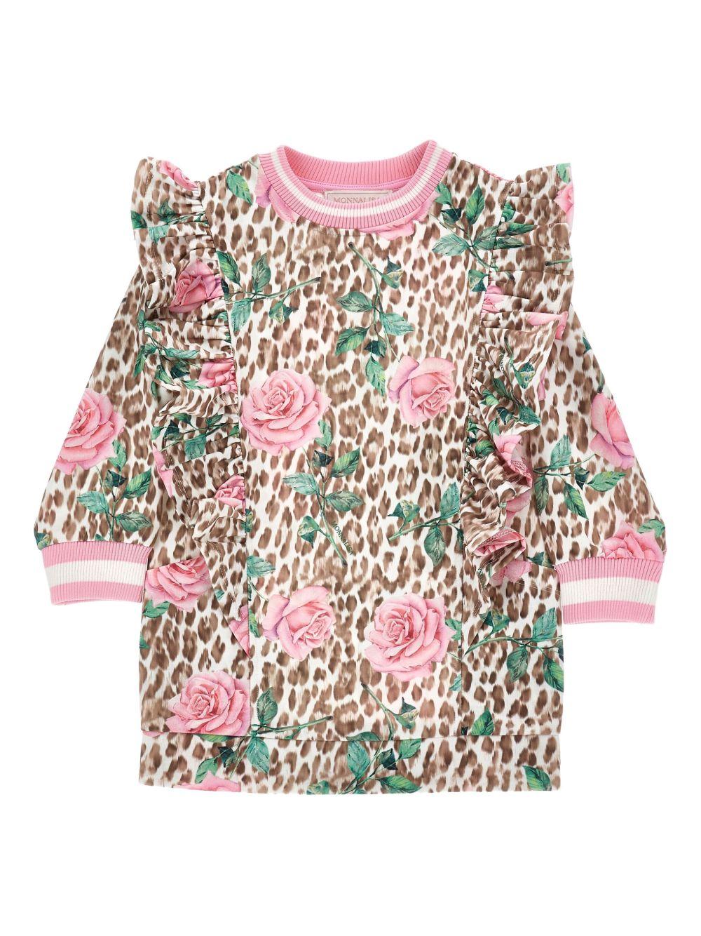 Abito Beige a Fiori con Ruches e Stampa Leopardata 19F9056014 0080 MONNALISA KIDS 