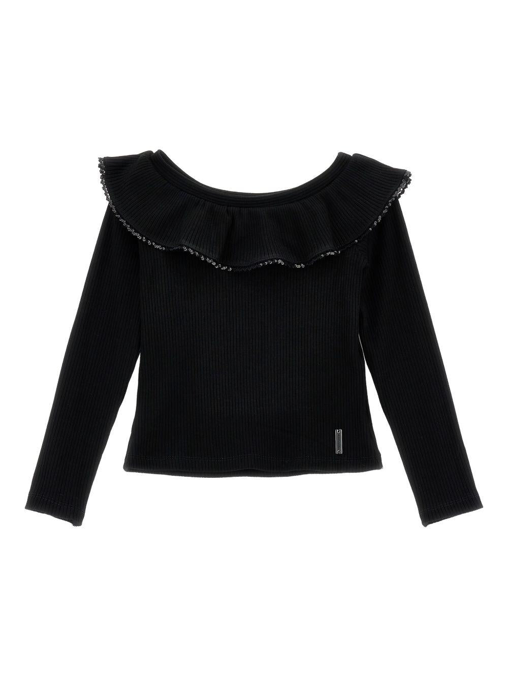 T-shirt Nera Maniche Lunghe con Colletto Arricciato 71F6076214 0050 MONNALISA KIDS 