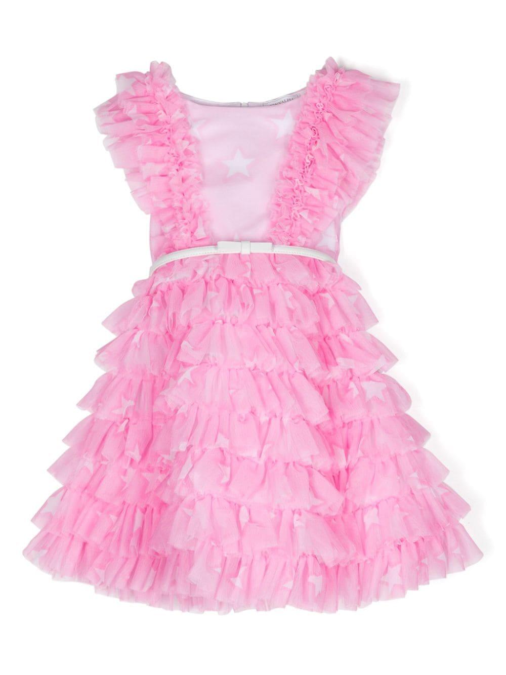 Abito rosa in tulle stampato con ruches
