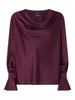 Burgundy blouse with draped neckline and long sleeves
