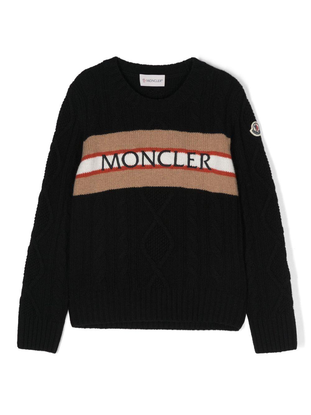 Maglione nero banda con logo ricamato 9549C00004M1241 999 MONCLER KIDS 
