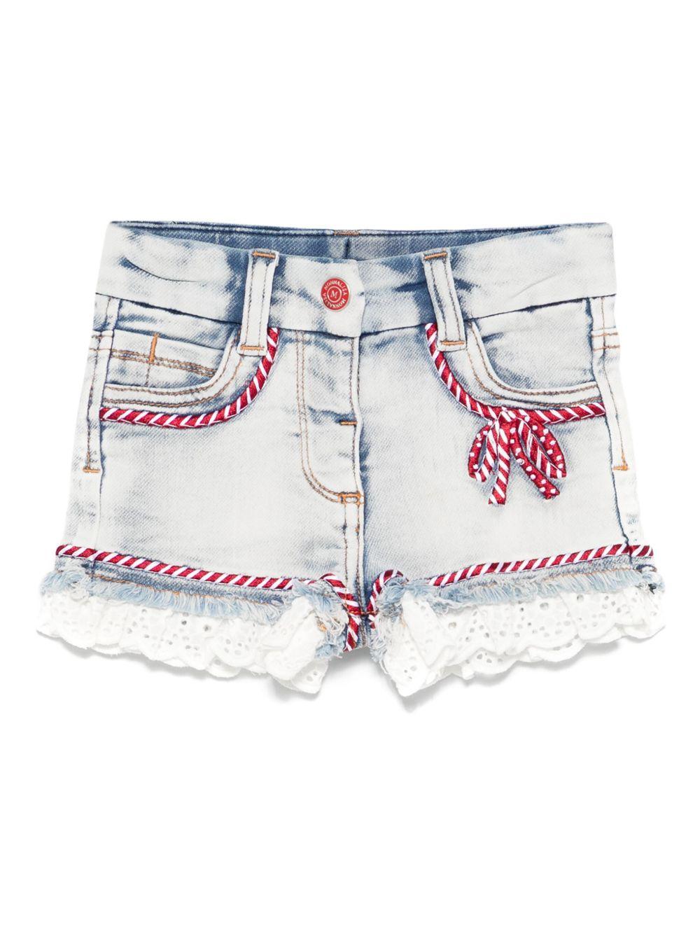 Short denim con ricami e orli merletto