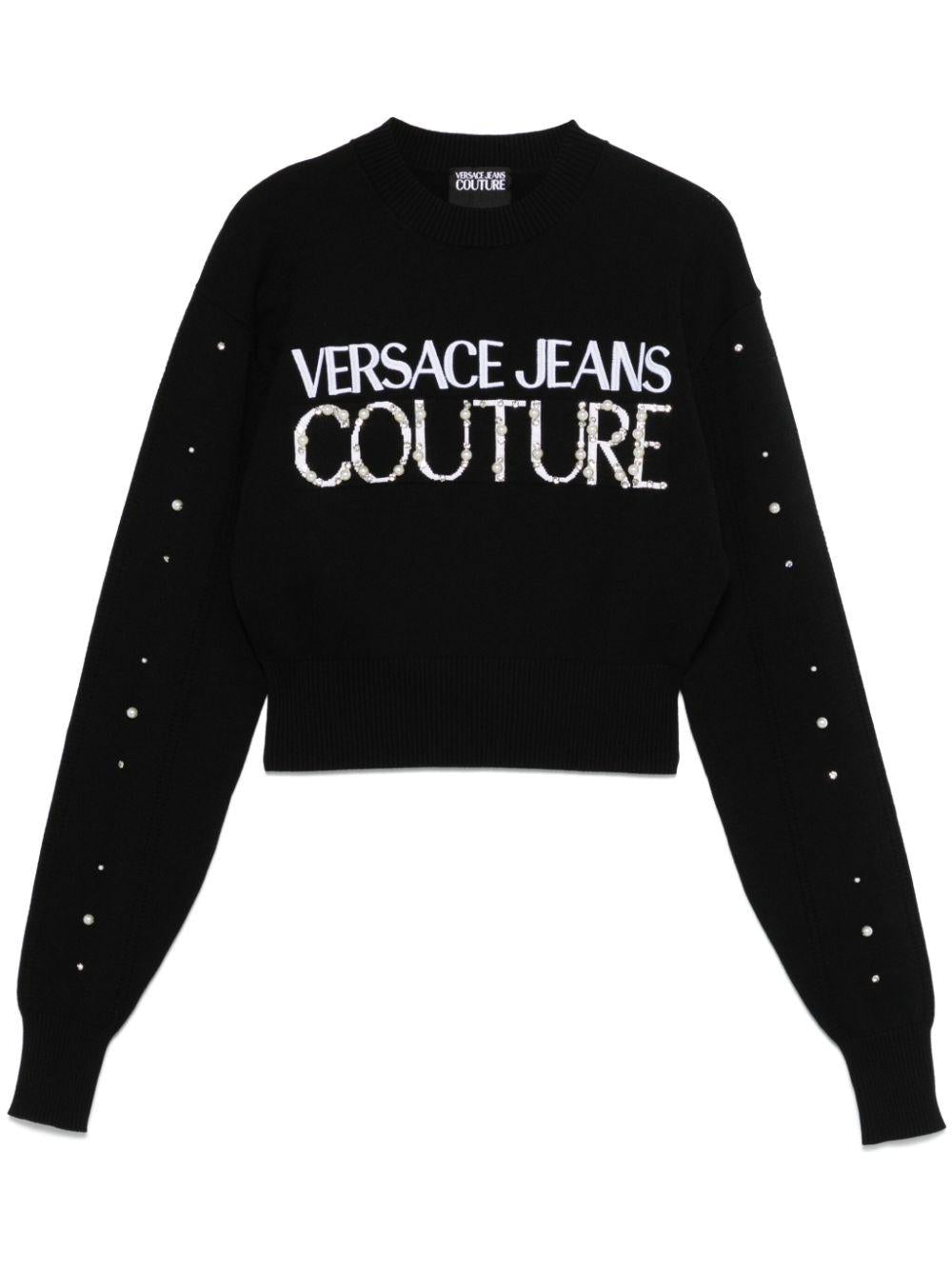 Maglione crop nero logo e perline