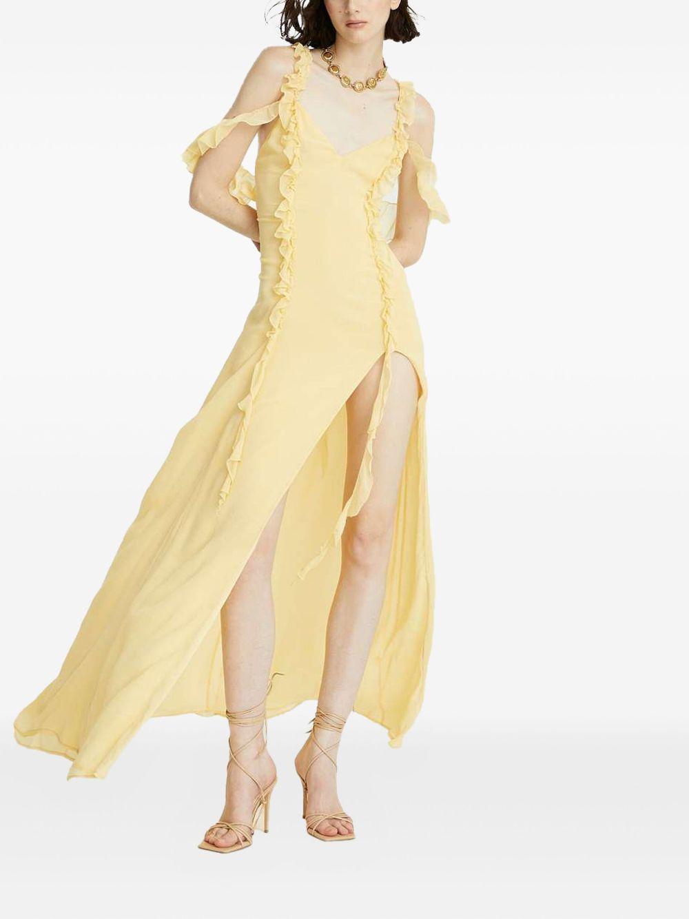 Abito giallo in crepe lungo con dettagli in rushes