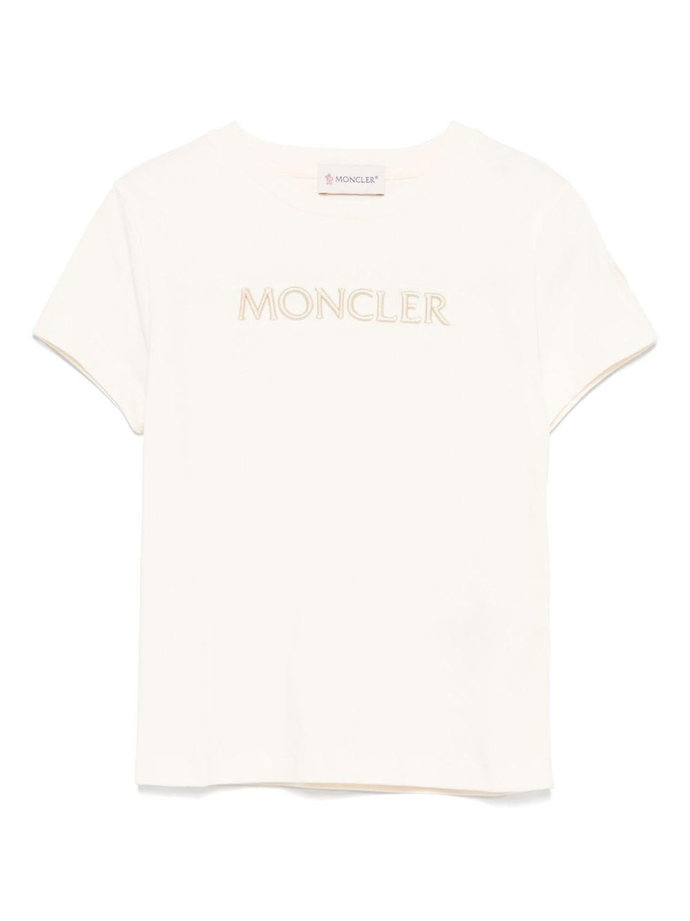 T-shirt Beige Chiaro con Logo Ricamato K29548C0001689AT9 050 MONCLER KIDS 