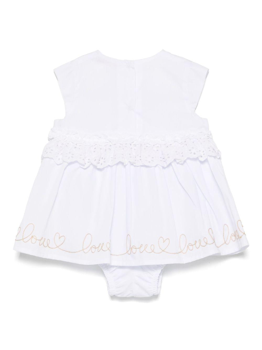 Abito bianco neonato con ricami beige