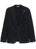 Blue micro texture blazer with logo pin