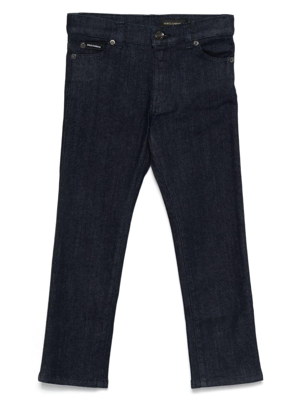 Jeans blu scuro cinque tasche logo ricamo retro