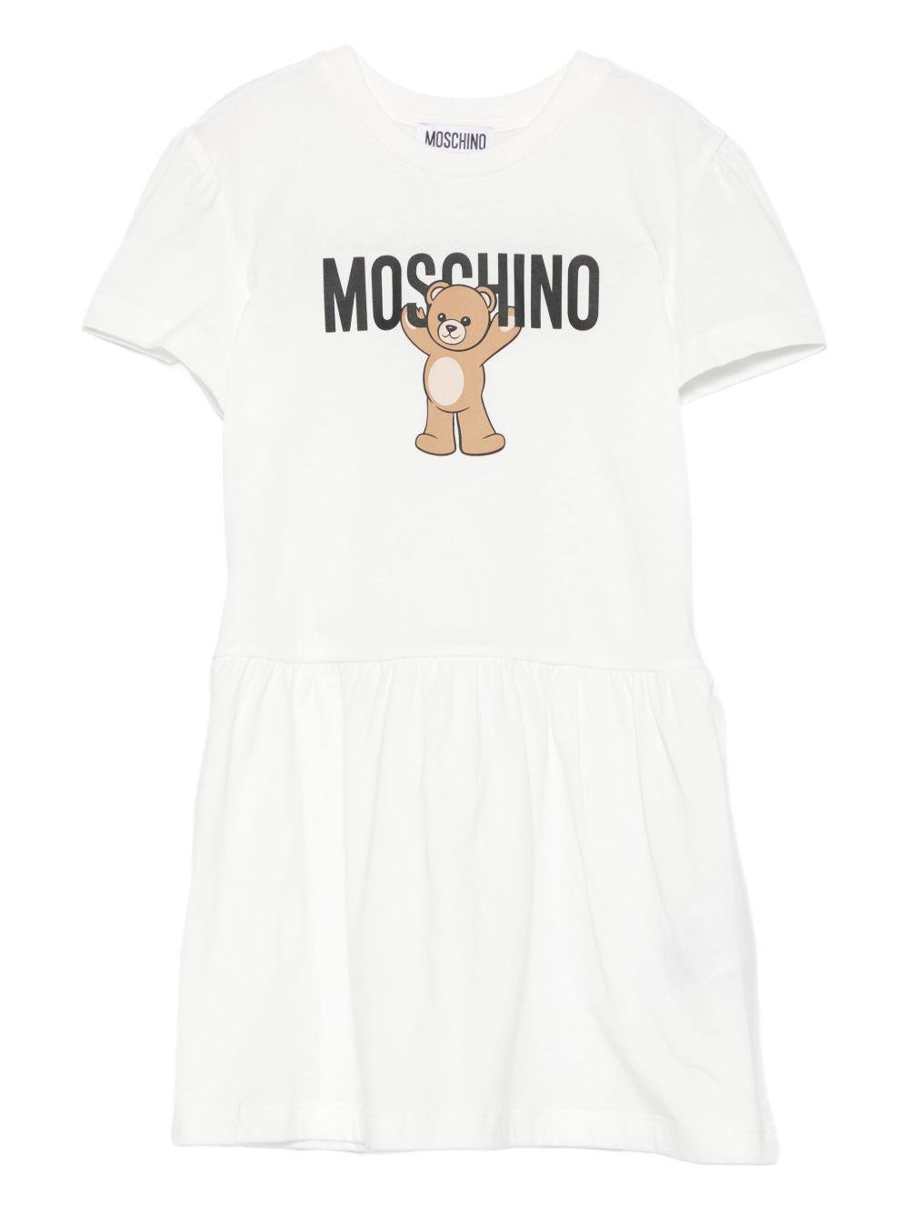 Abito Bianco con Stampa Orsetto e Orlo Smock HDV0H9LAA10 10063 MOSCHINO KIDS 