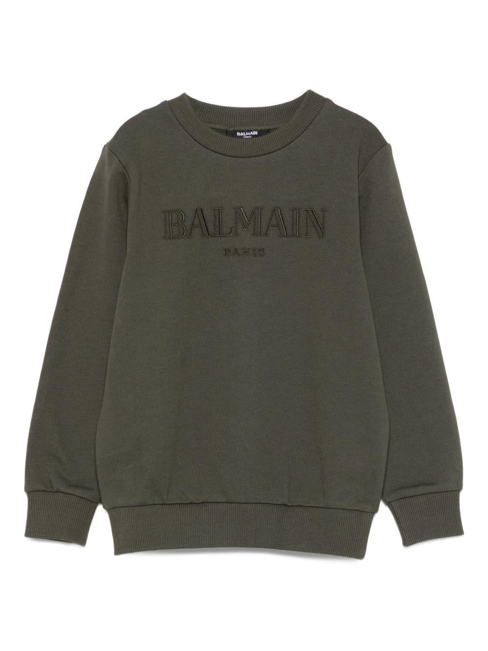 Felpa Verde Oiva con Logo Ricamato BX4Q50Z3183 762VE BALMAIN KIDS 