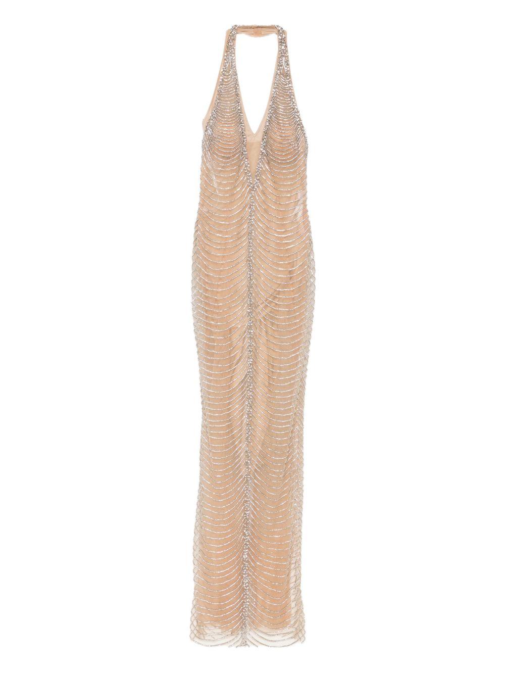 Abito Lungo Beige con Scollo a V e Decorazione con Perline AR330301 SAS HOLLAND & HOLLAND 