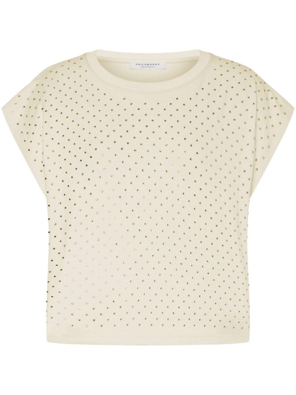 T-shirt crop avorio con strass