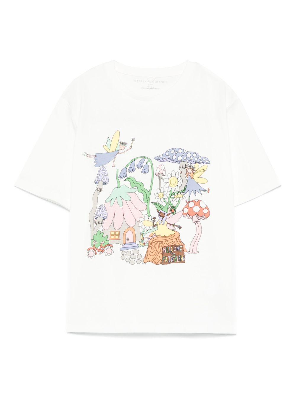 T-shirt avorio con stampa mondo fatato