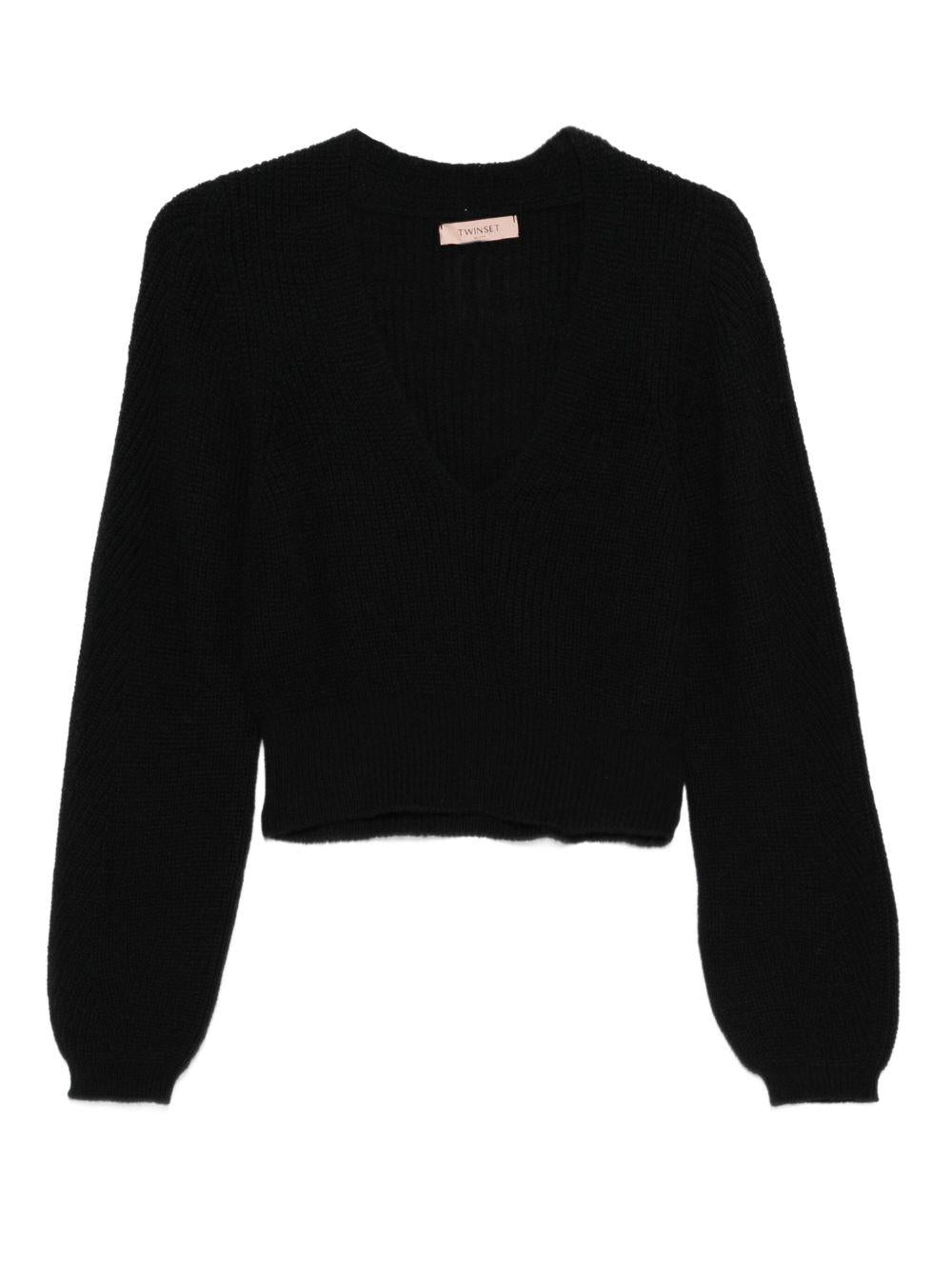 Maglione Nero a Coste con Scollo a V 252TT3062 00006 TWINSET 