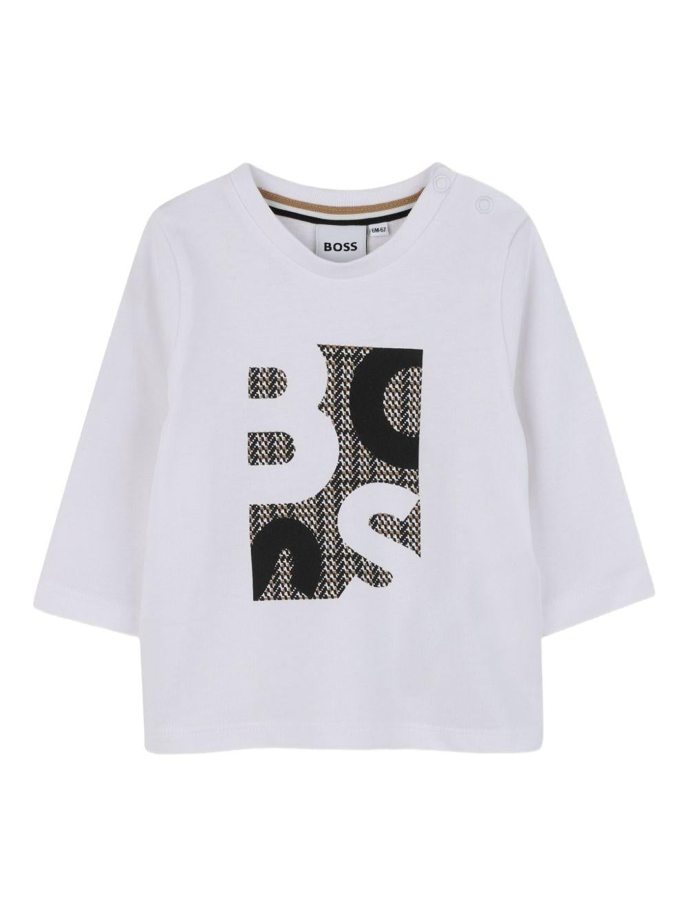 T-shirt Bianca a Maniche Lunghe con Logo J52472 N50 BOSS KIDS 