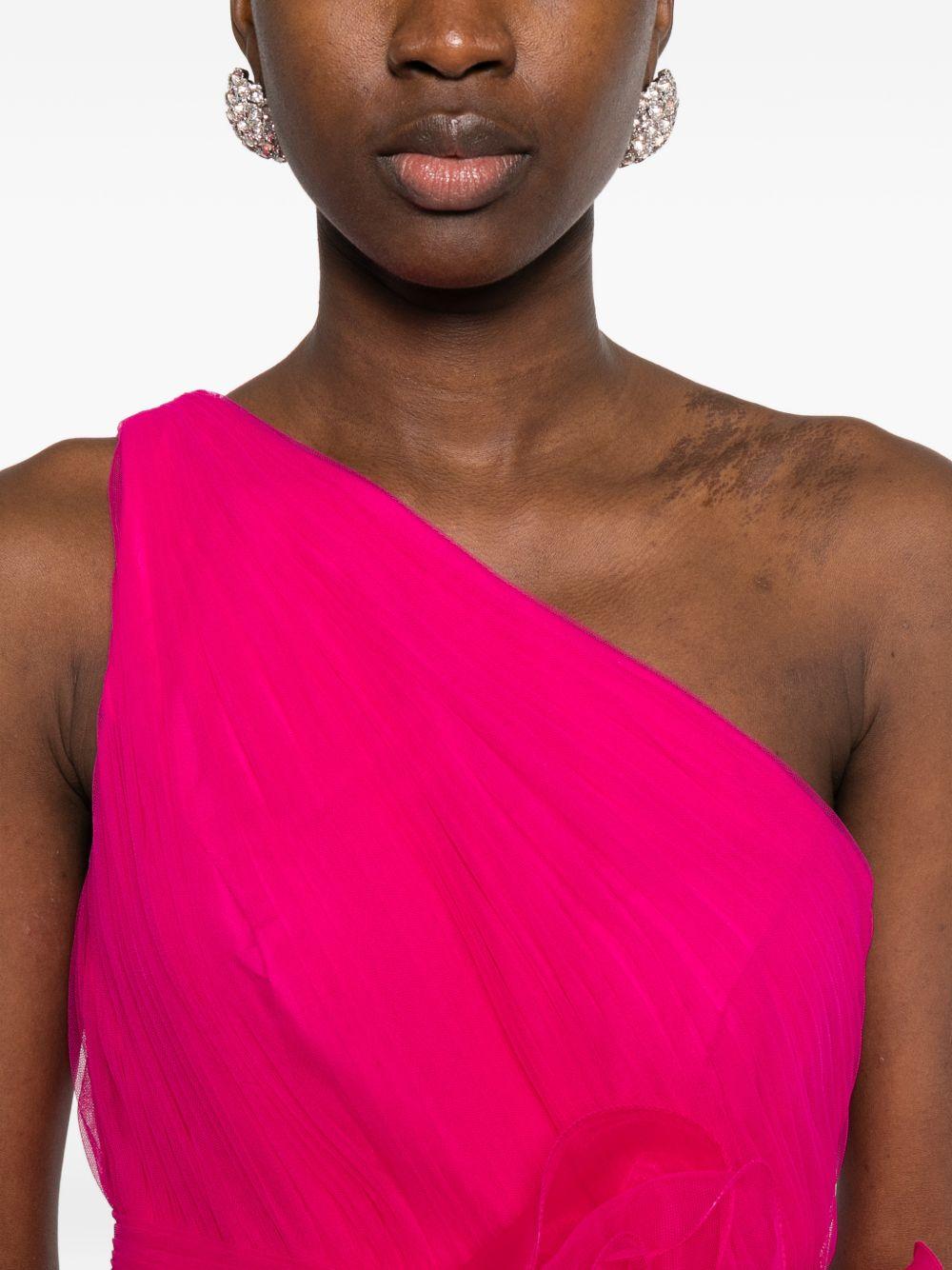 Abito lungo in poliestere monospalla con ruches 1J2B1TUL0P430 MAGENTA MARFIL 