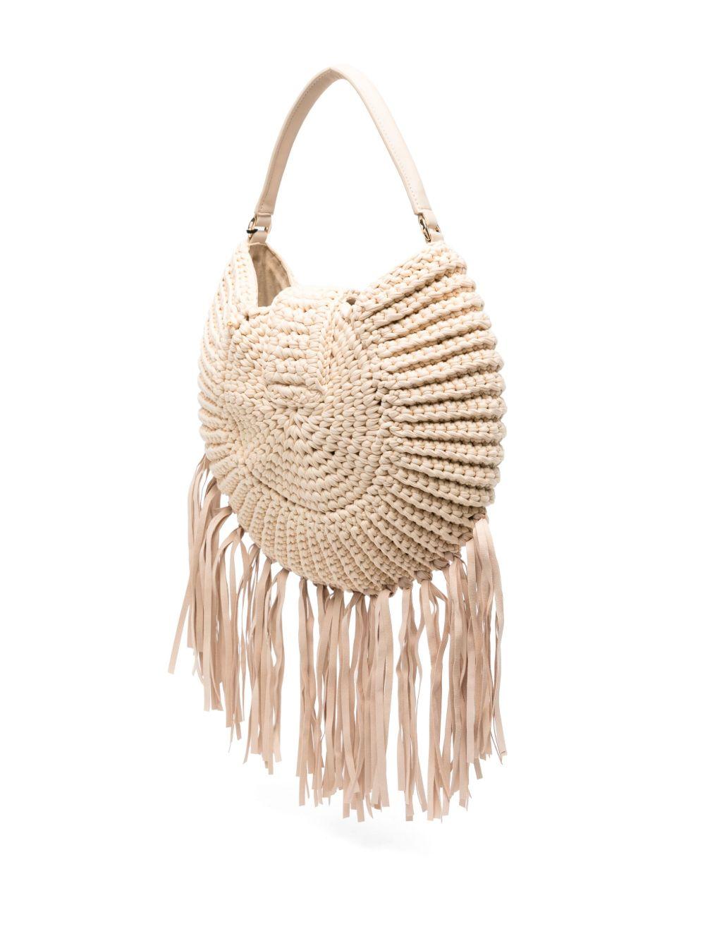 Borsa mezzaluna in rafia beige con frange
