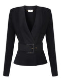 V-Neck Blazer with Buckle Belt