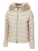 Beige down jacket with fur hood