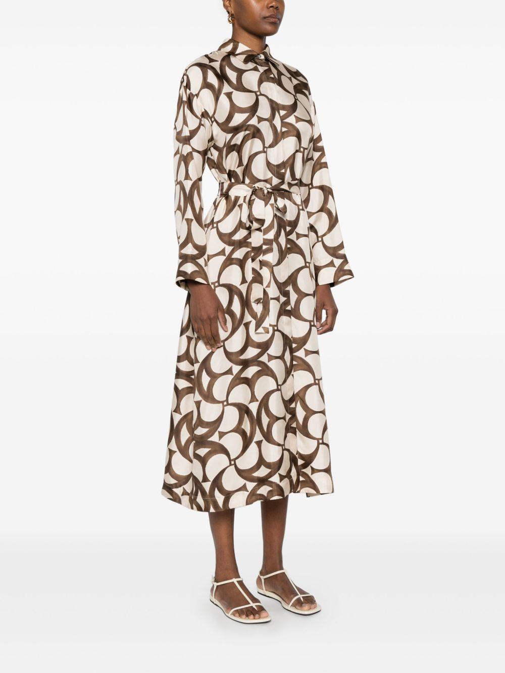 Ileana ecru/brown printed silk shirt dress
