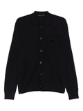 Blue cardigan with polo-style collar and button fastening