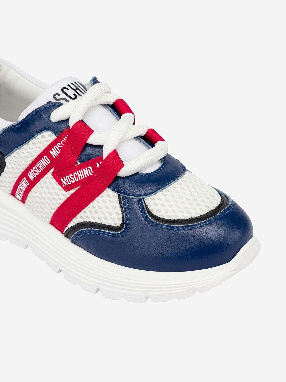 Sneakers in rete e pelle di vitello con logo 80450 01 MOSCHINO KIDS 