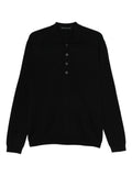 Black long-sleeved polo shirt with collar and button placket