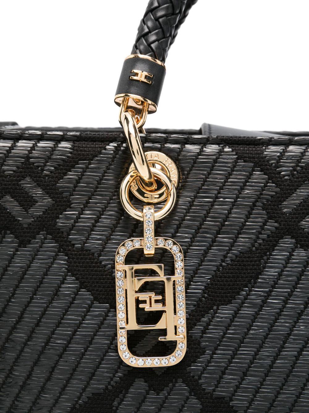 Borsa Tote media in jacquard con charms nera