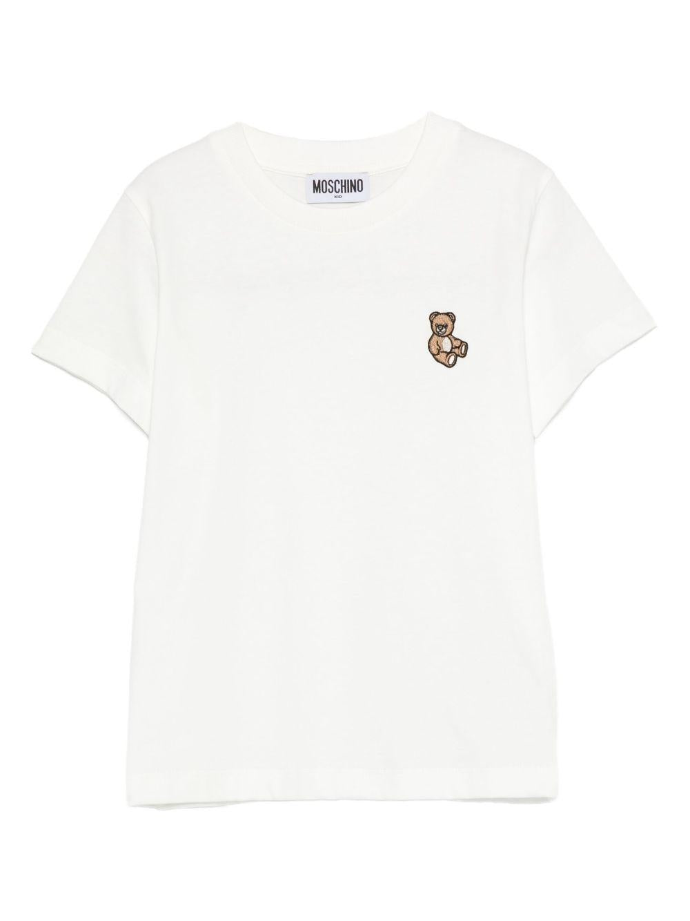 T-shirt Bianca con Ricamo Orsetto HRM058LAA10 10063 MOSCHINO KIDS 