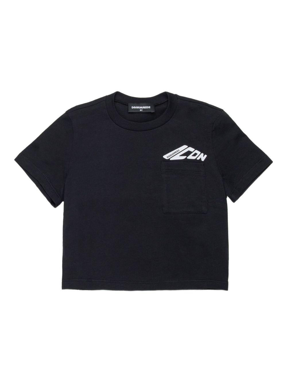 T-shirt Nera con Stampa e Taschino DQ3137D00XM DQ900 DSQUARED KIDS 